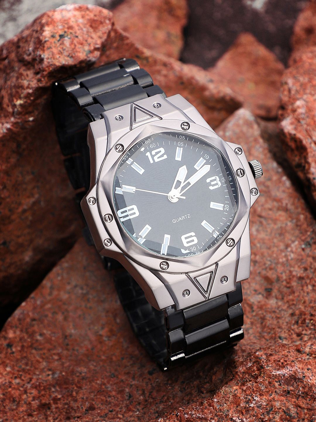 

French Accent Men Printed Dial & Stainless Steel Bracelet Style Straps Analogue Watch SS25_FAWC1012, Black