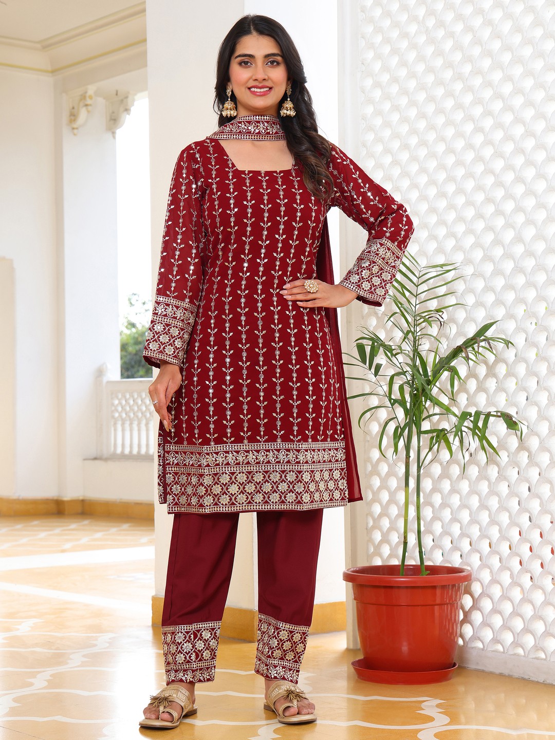 

KALINI Women Floral Embroidered Regular Mirror Work Kurta with Trousers & With Dupatta, Maroon