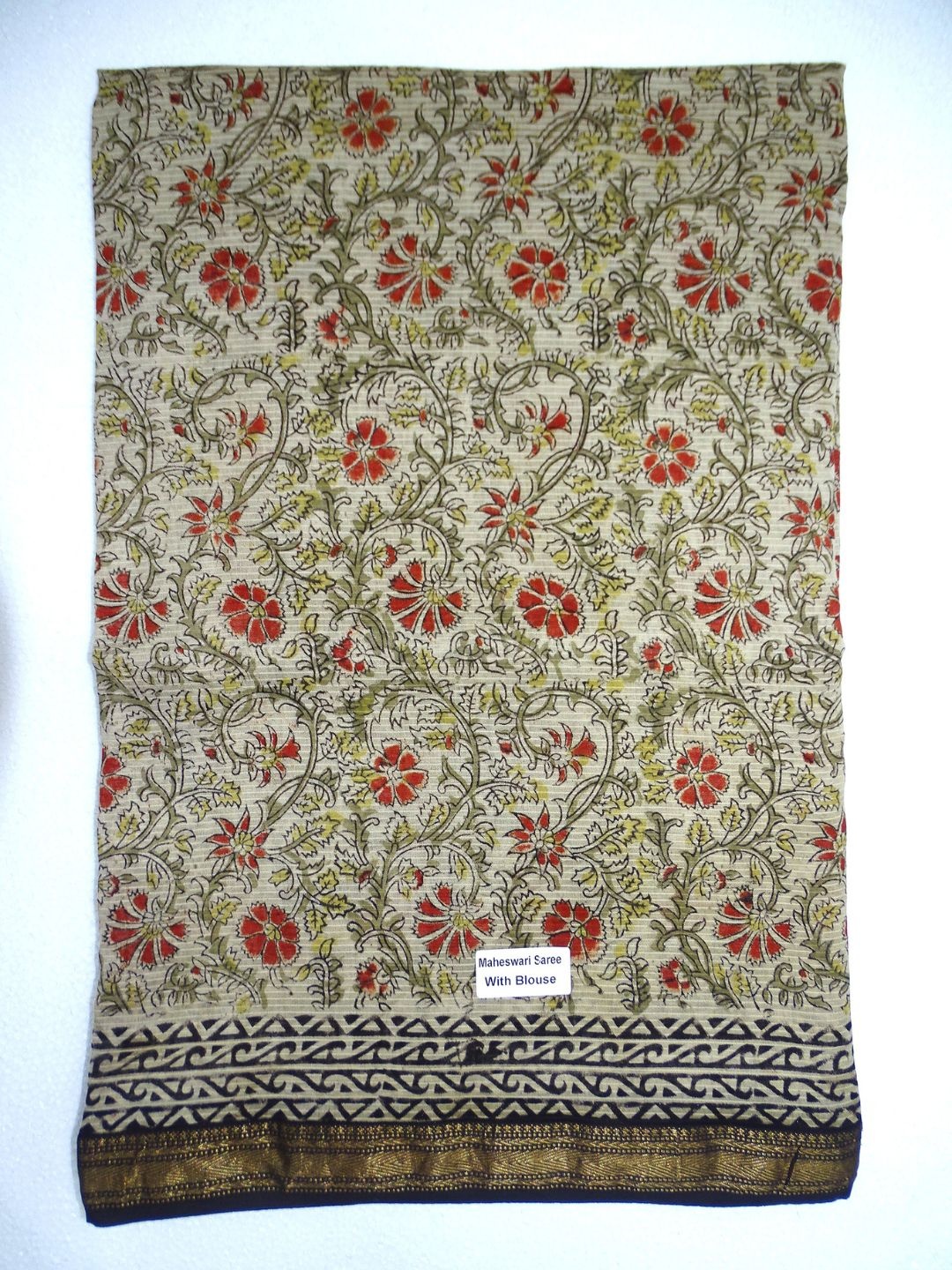 

SR HANDLOOMS AND TEXTILES Kalamkari Zari Pure Cotton Maheshwari Saree, White