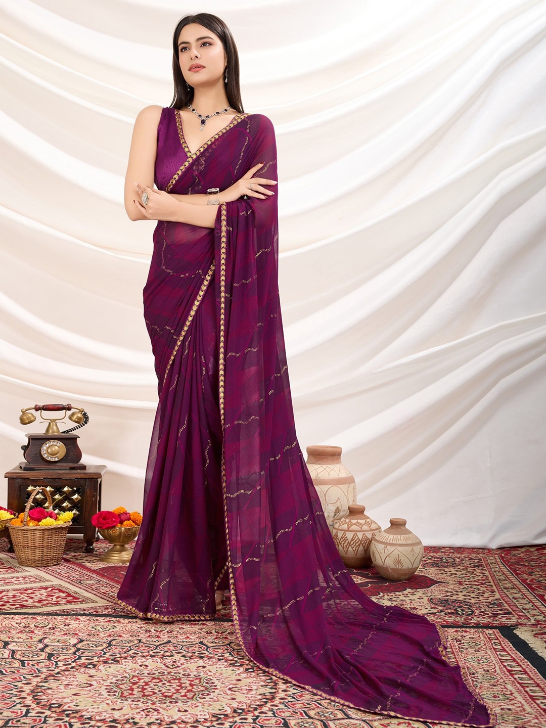

DIVASTRI Polka Dot Poly Georgette Saree, Purple