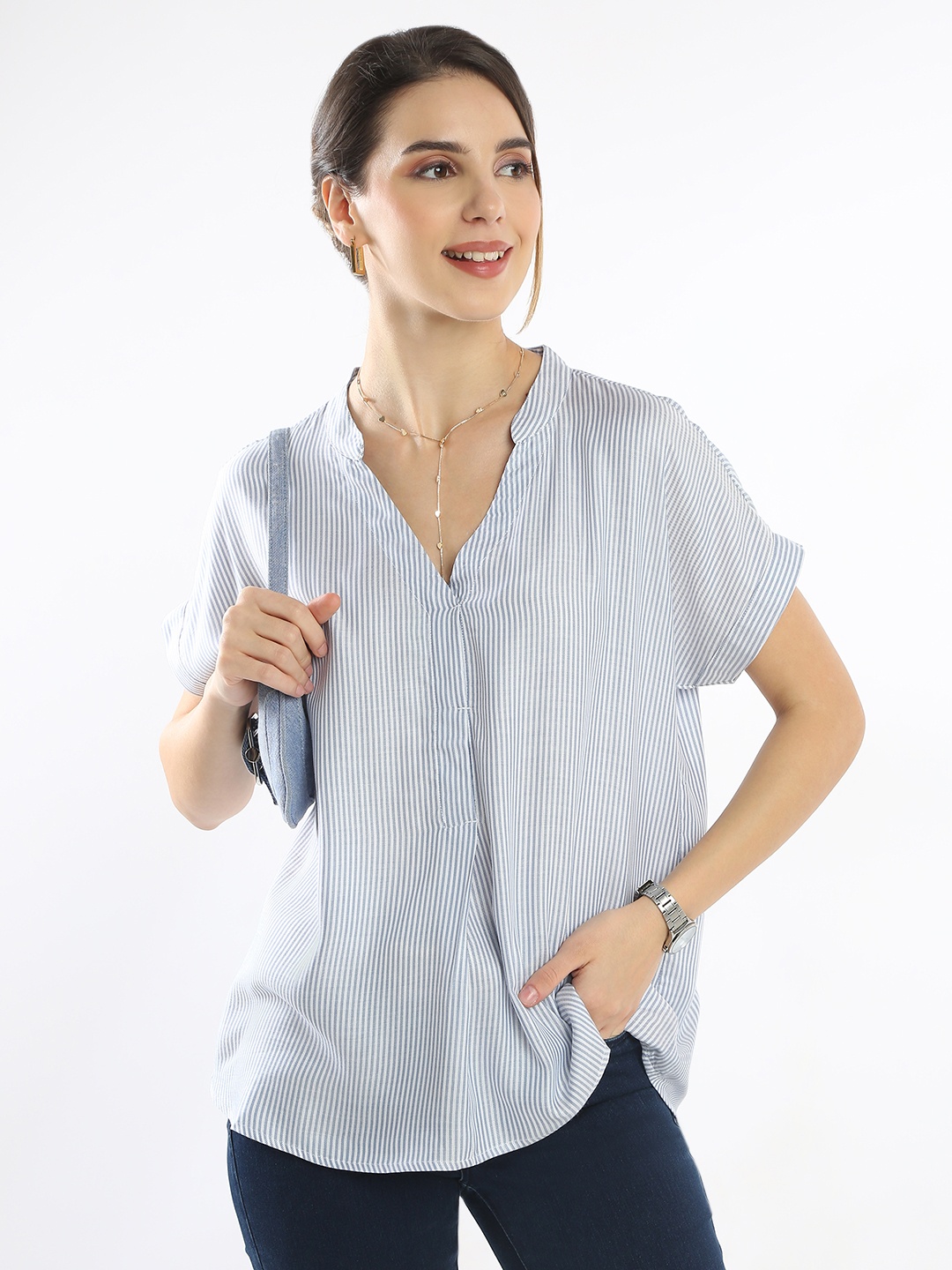 

Gazillion Women Relaxed Boxy Opaque Striped Formal Shirt, Blue