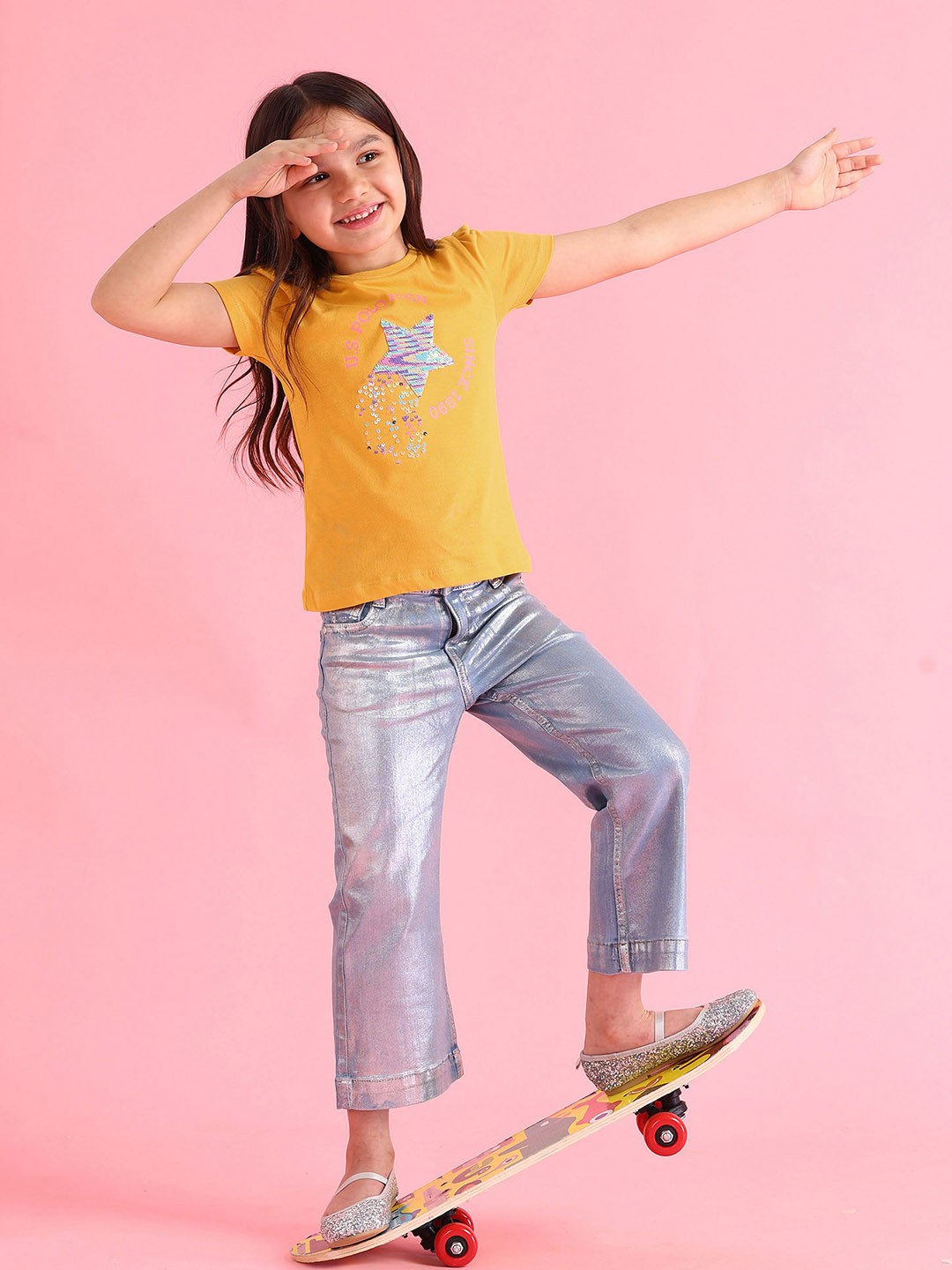 

U.S. Polo Assn. Kids Girls Brand Logo Sequinced Pure Cotton T-shirt, Yellow
