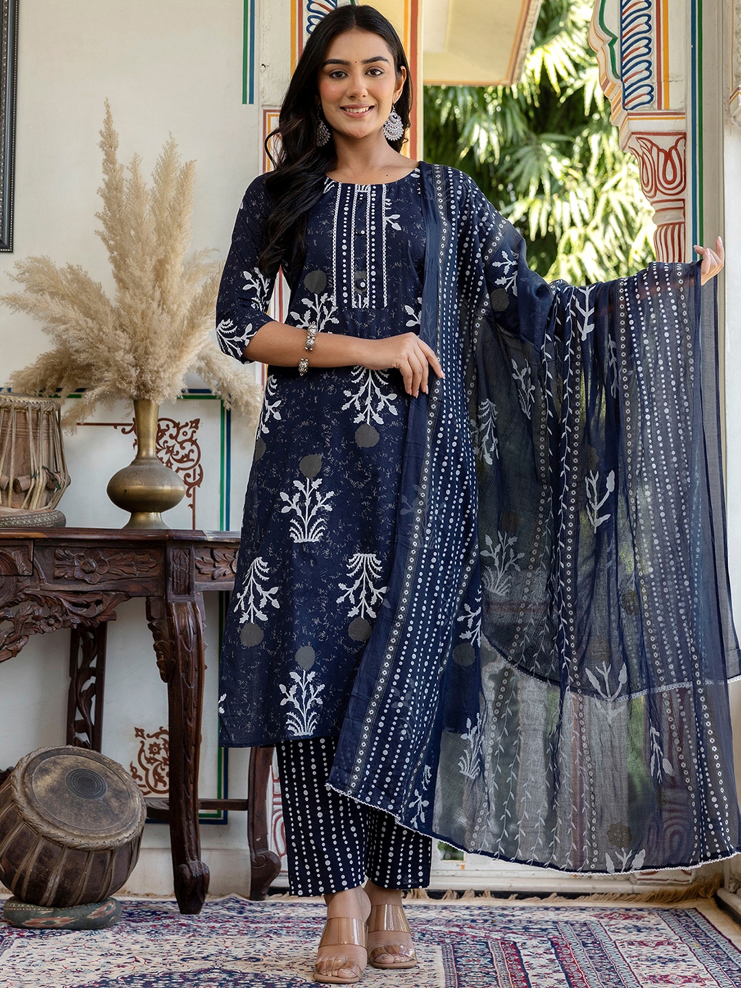 

KALINI Women Floral Printed Regular Pure Cotton Kurta with Trousers & With Dupatta, Navy blue