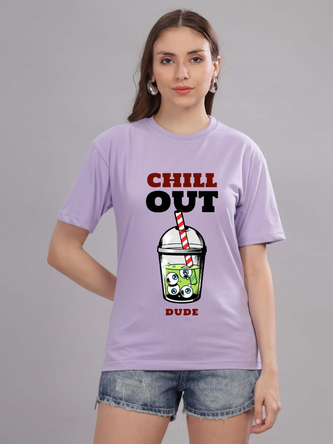 

FALTU.CO Women Printed Drop-Shoulder Sleeves Pure Cotton T-shirt, Lavender
