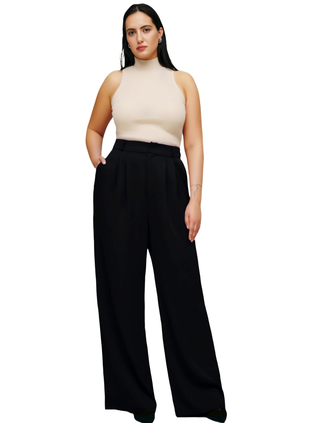 

Pluswear Women Relaxed High-Rise Pleated Trousers, Black