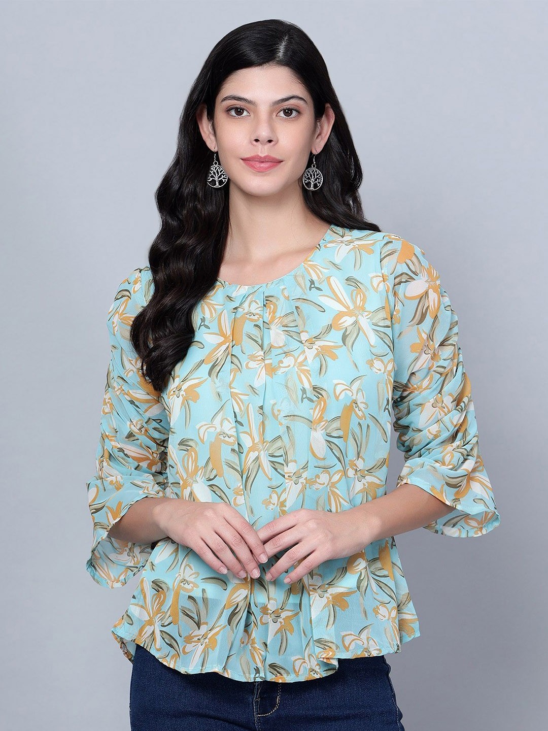 

Moda Rapido Floral Print Flared Sleeve Georgette Top, Green