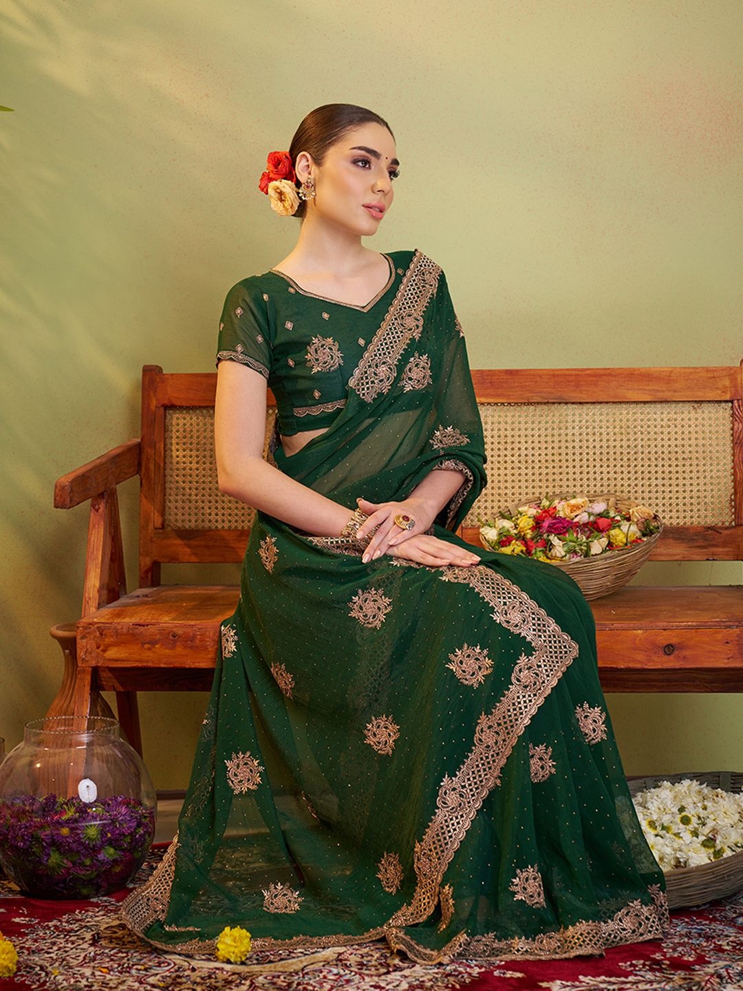 

Mitera Embellished Beads and Stones Pure Chiffon Saree, Green