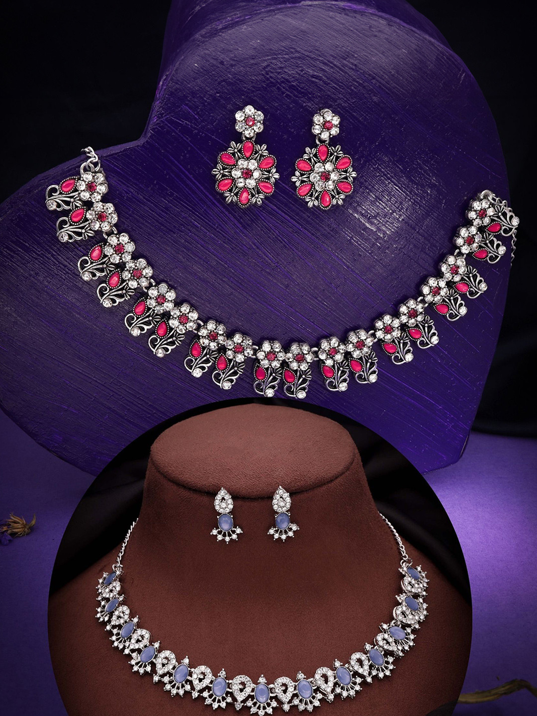 

DIVASTRI Set Of 2 Silver Plated American Diamonds Studded Jewellery Set
