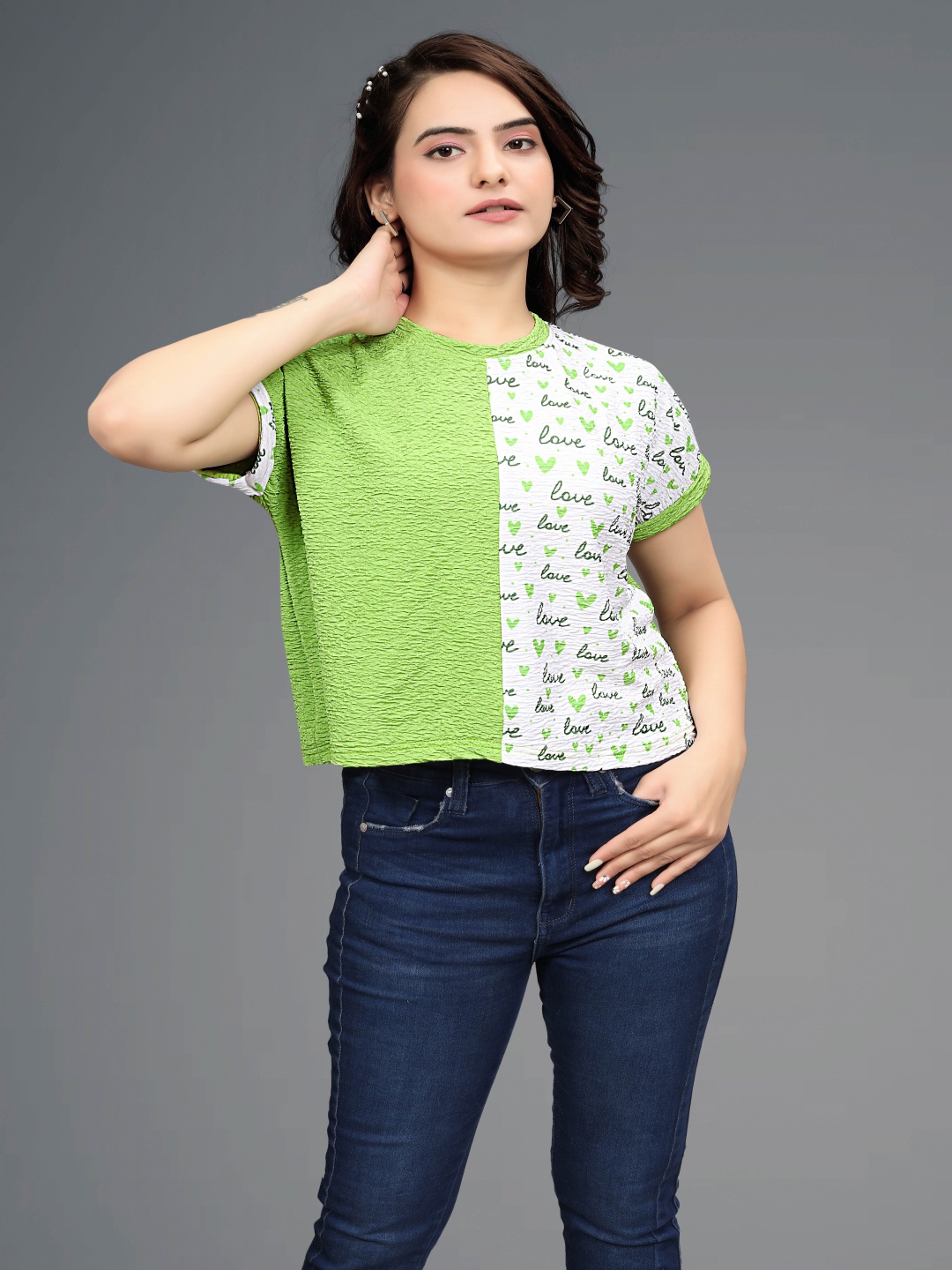 

VGHCFASHION Print Slit Sleeve Top, Green