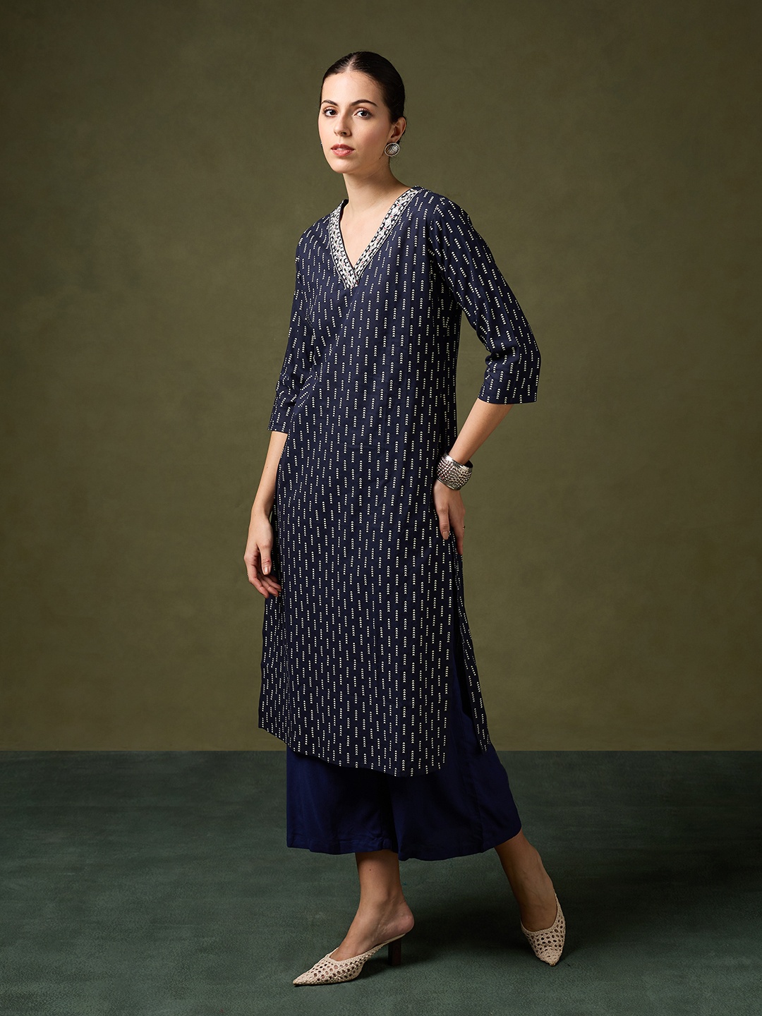 

Saaki Geometric Print Cotton Longline Top, Navy blue