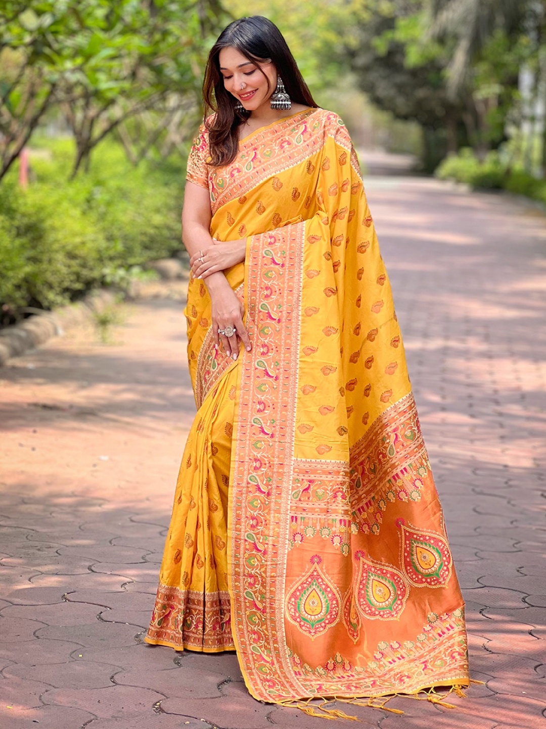 

all about you Woven Design Zari Silk Blend Paithani Saree, Yellow