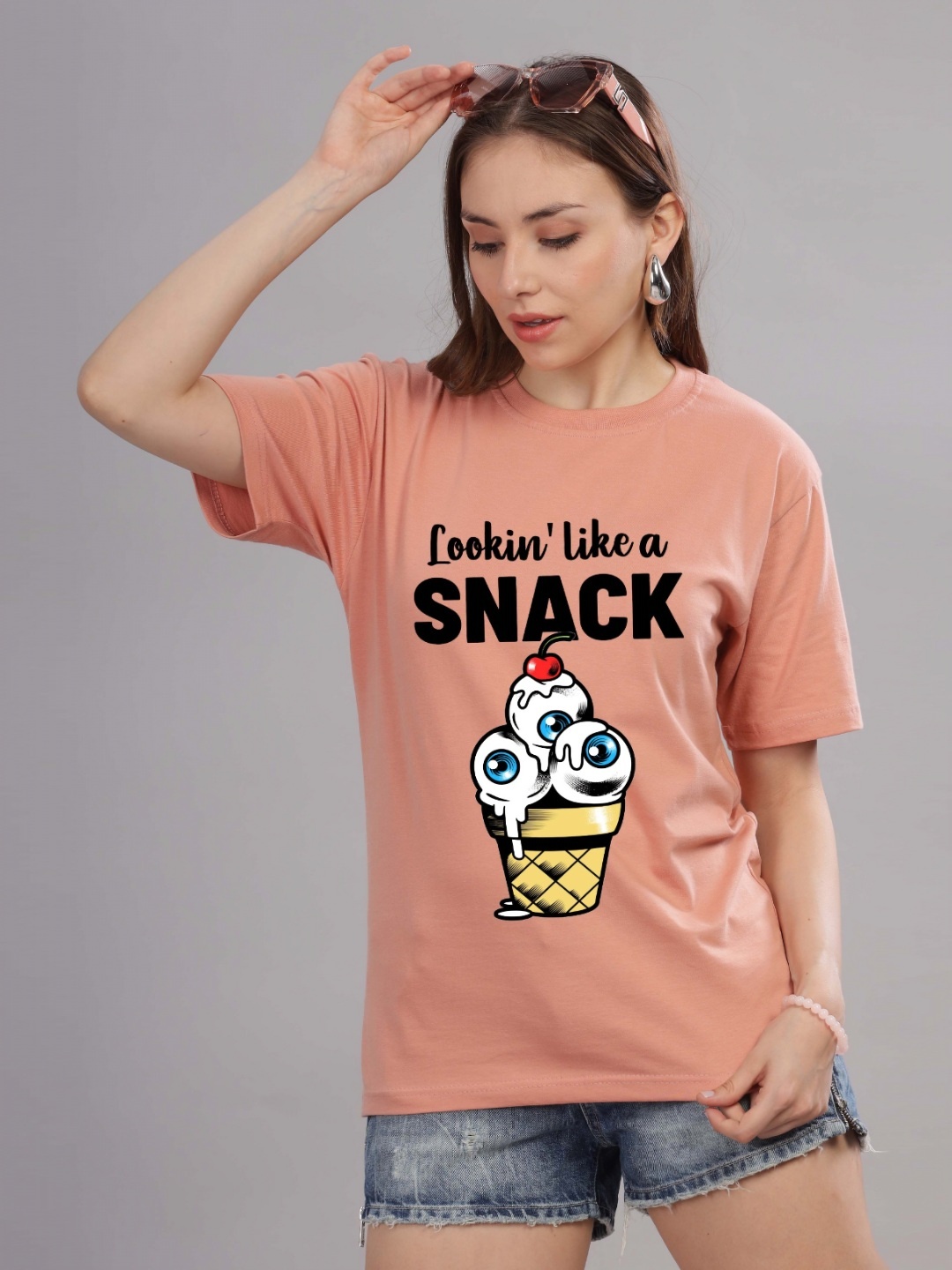

FALTU.CO Women Printed Drop-Shoulder Sleeves Pure Cotton T-shirt, Peach