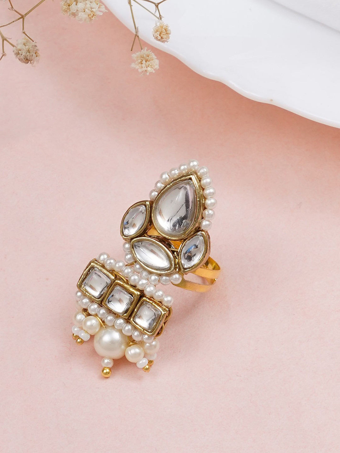 

BeAbhika Gold-Plated Kundan Studded & Beaded Adjustable Finger Ring