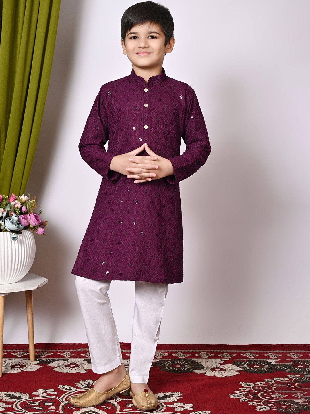

NFC CREATION Boys Embroidered Regular Sequinned Kurta with Pyjamas, Purple