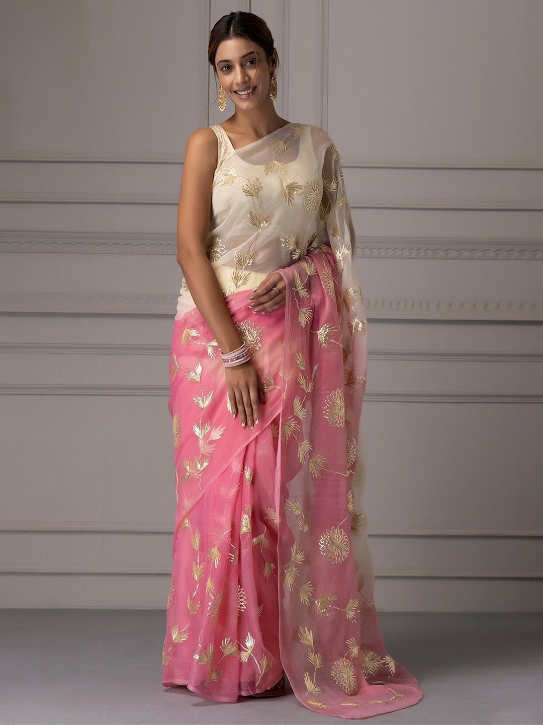 

DIVASTRI Floral Gotta Patti Organza Saree, Pink