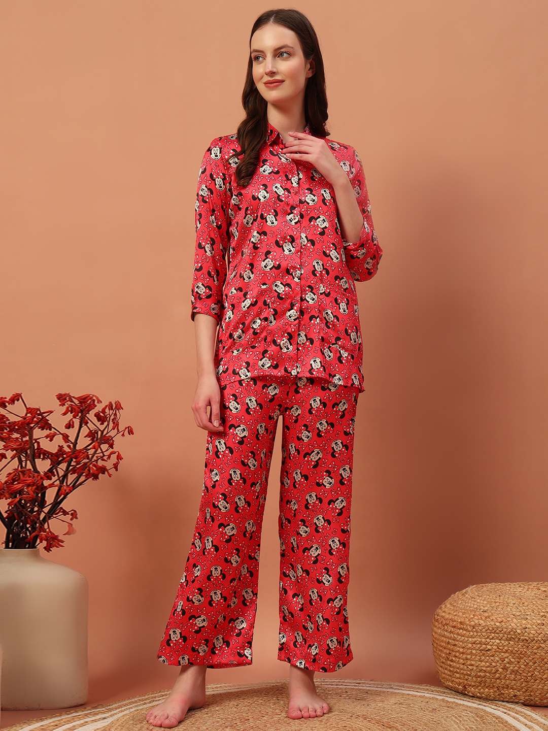 

BAESD Printed Round Neck Shirt With Trousers Co-Ords, Red