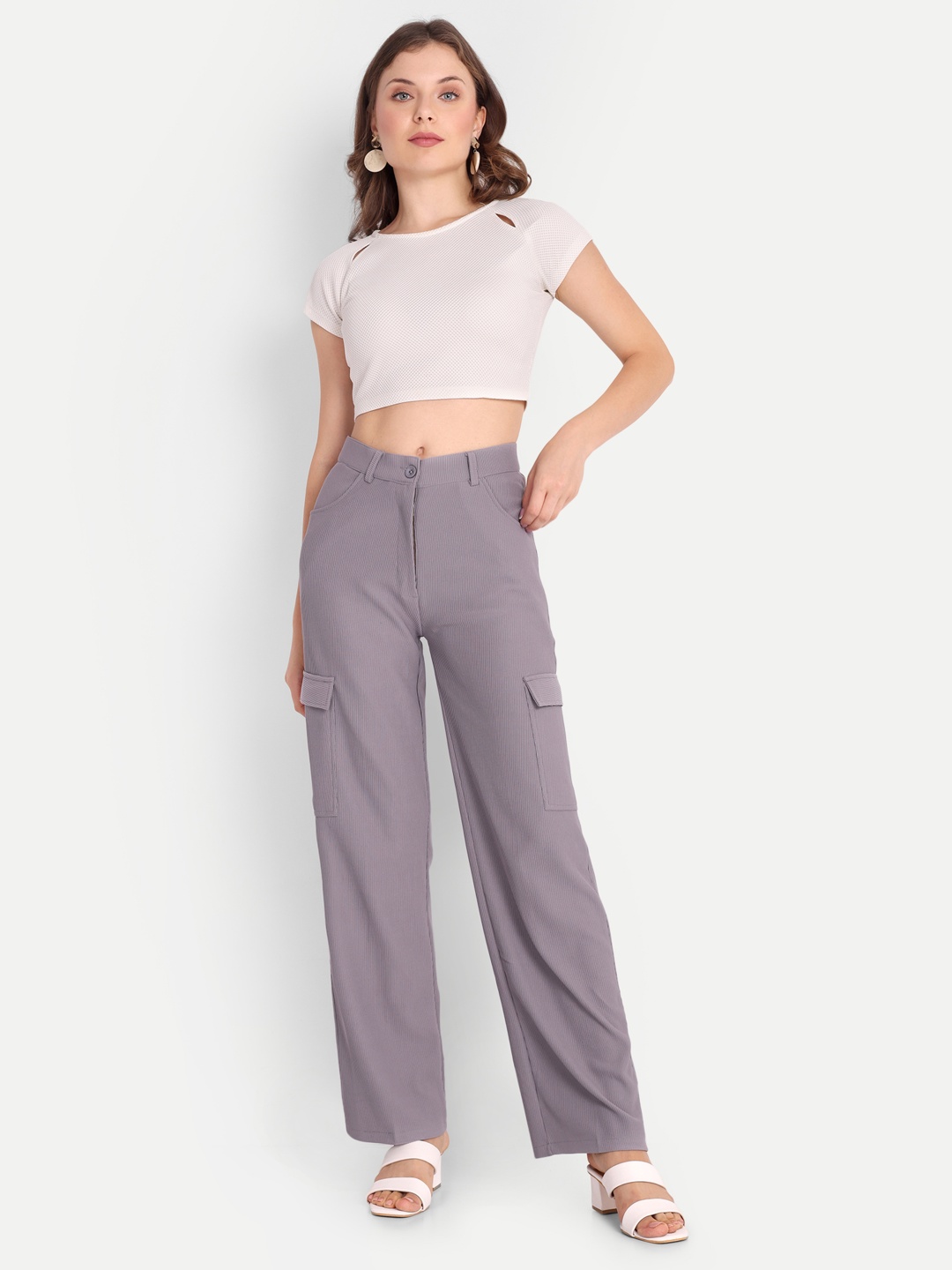 

Chemistry Women Striped Ultra Loose Fit High-Rise Cargos Trousers, Grey