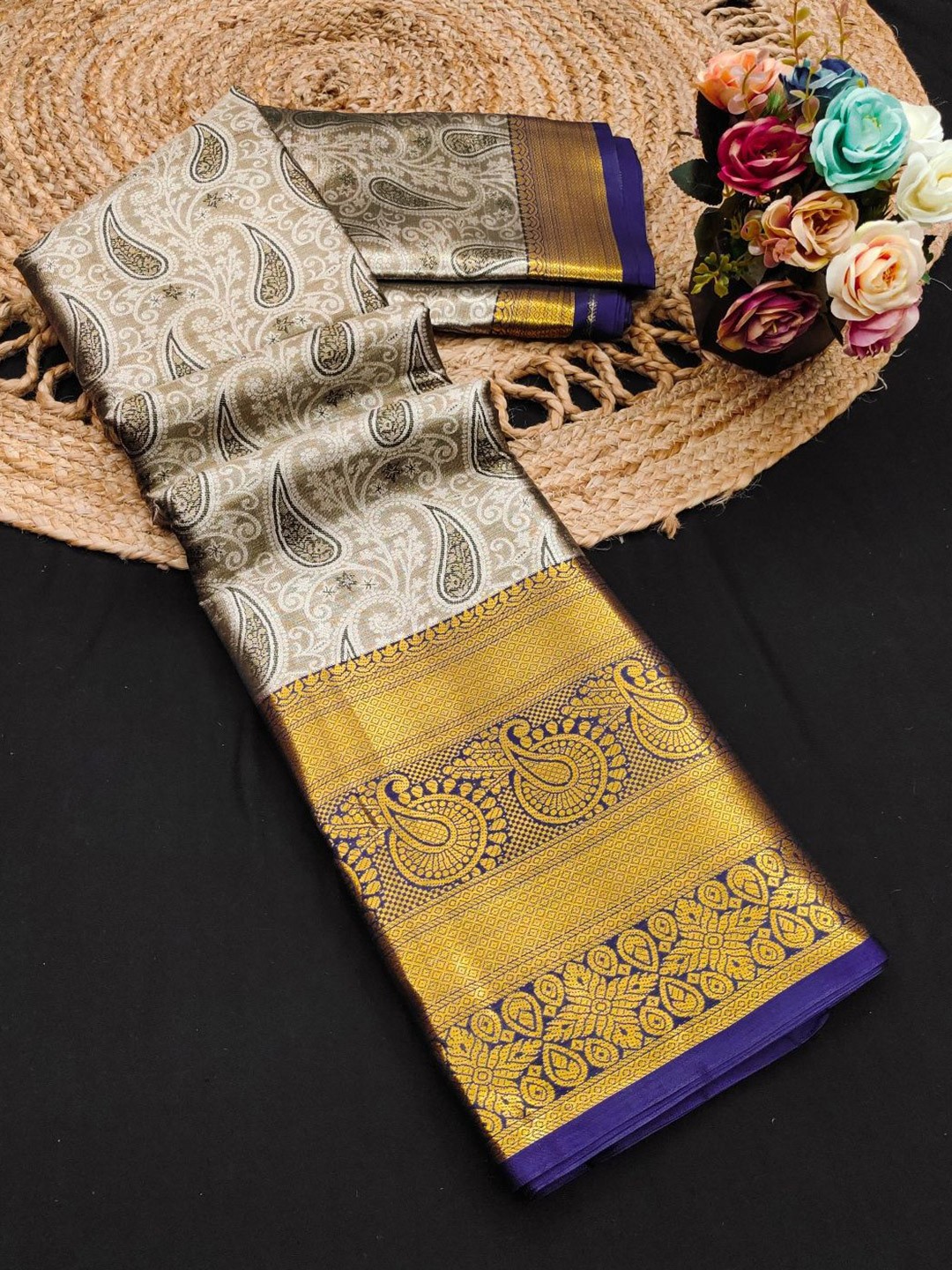 

Mitera Woven Design Zari Pure Silk Kanjeevaram Saree, Black