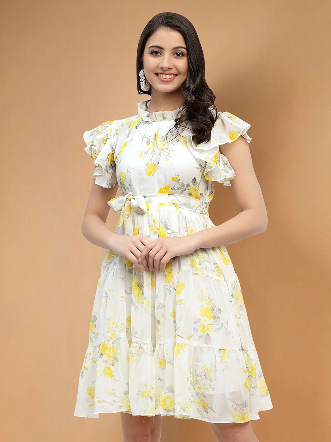 

Moda Rapido Floral Print Applique Fit & Flare Dress, Yellow