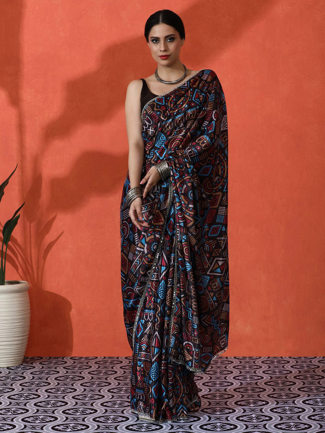 

Sangria Mirror Work Floral Printed Digital Printed Satin Saree With Blouse Piece, Black