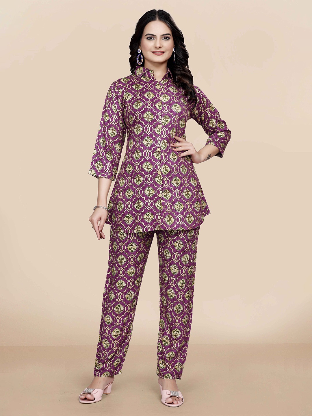 

YOELLA Printed Shirt Collar Top With Trousers Co-Ords Set, Purple
