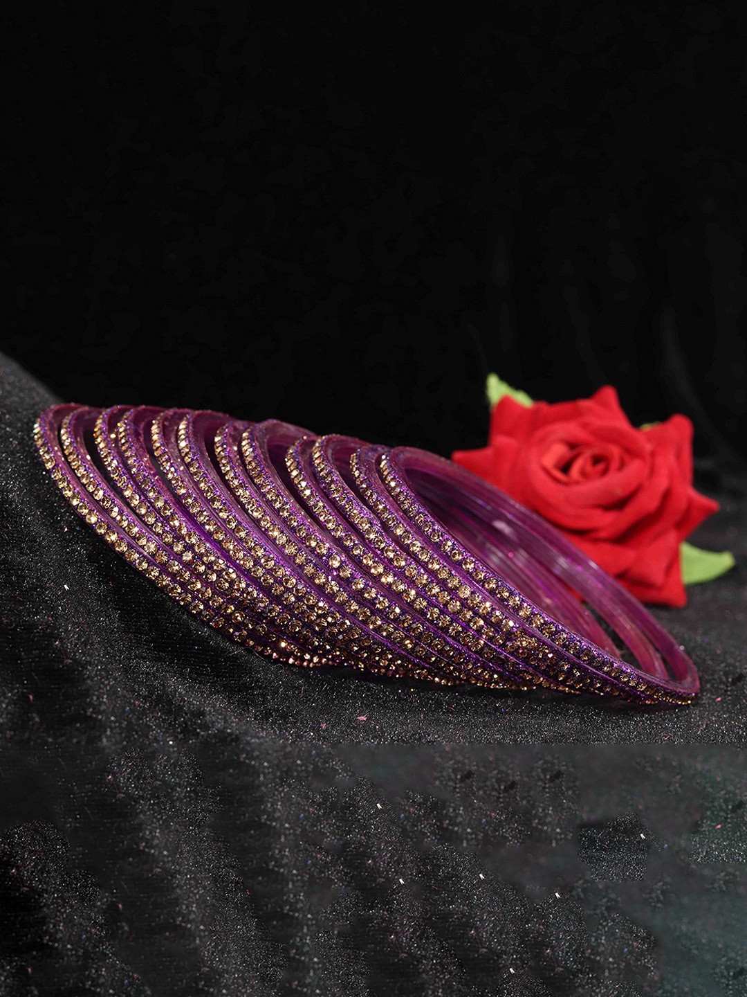 

ZULKA Set Of 12 Zircon Gemstone-Studded Glossy Finished Bangles, Burgundy