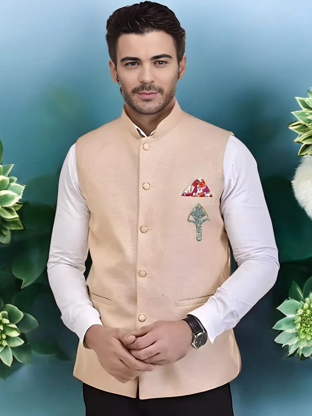 

Seetoo Mandarin Collar Woven Nehru Jacket With Broch, Cream