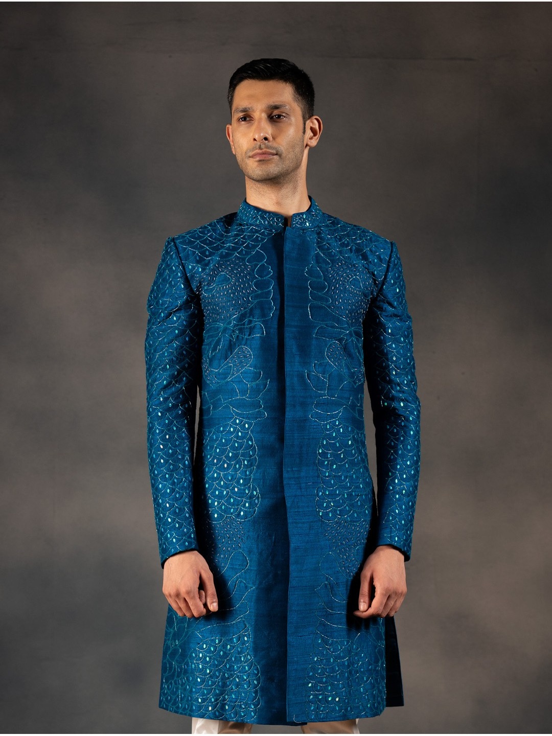 

HILO DESIGN Embroidered Pure Silk Starlit Sherwani Set, Blue