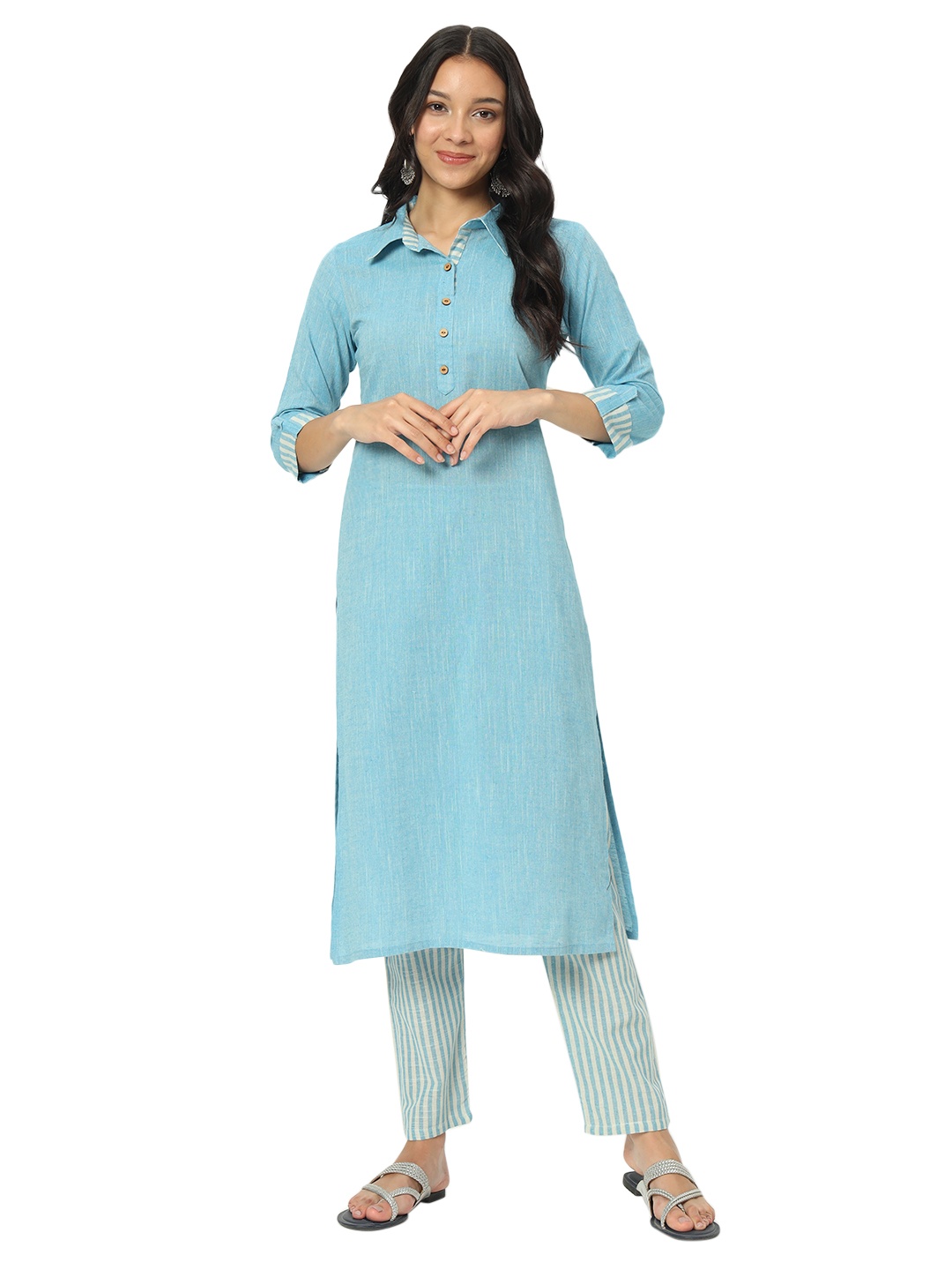 

Laad Women Striped Regular Pure Cotton Kurta with Trousers, Blue