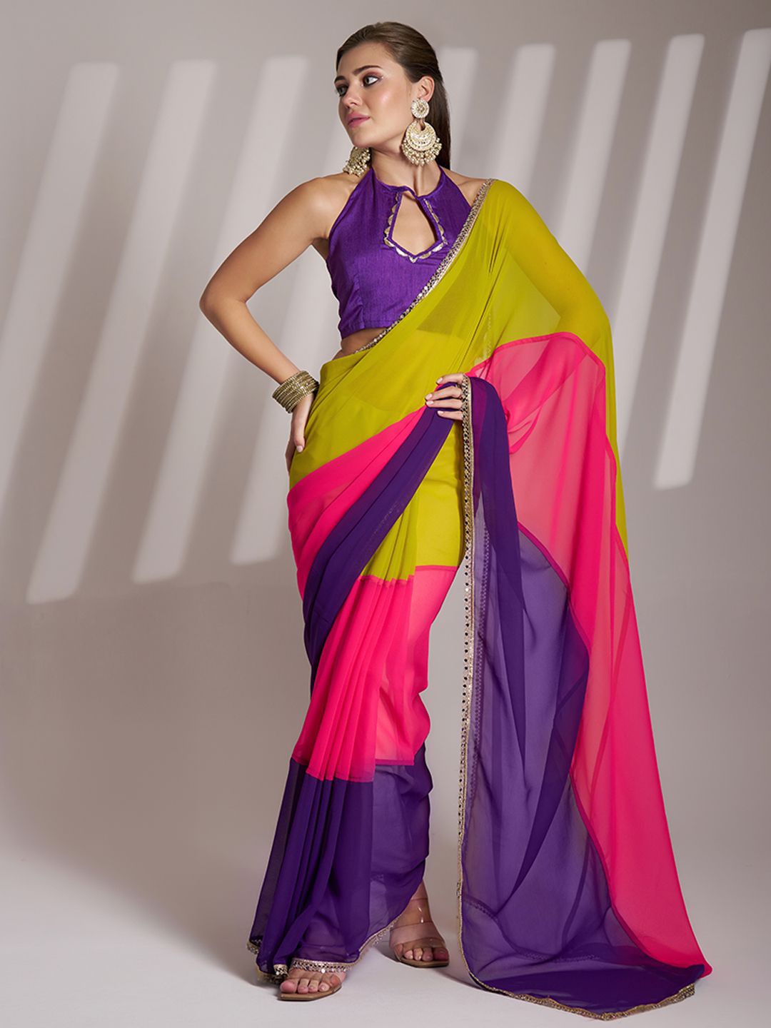 

modeva Colourblocked Mirror Work Pure Georgette Ready to Wear Saree, Blue