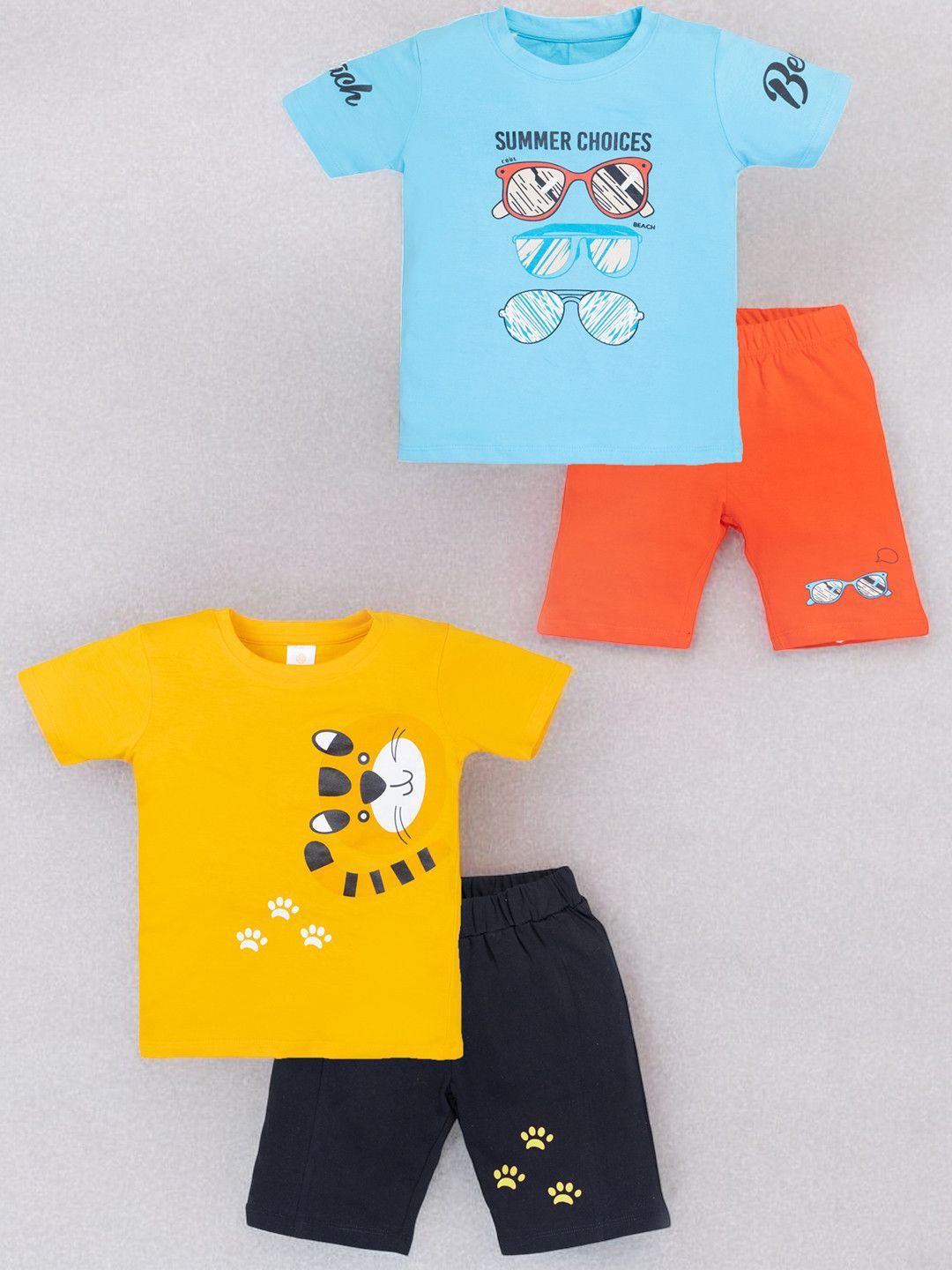 

YK Boys Pack Of 2 Printed Round Neck Pure Cotton T-shirt With Shorts, Blue