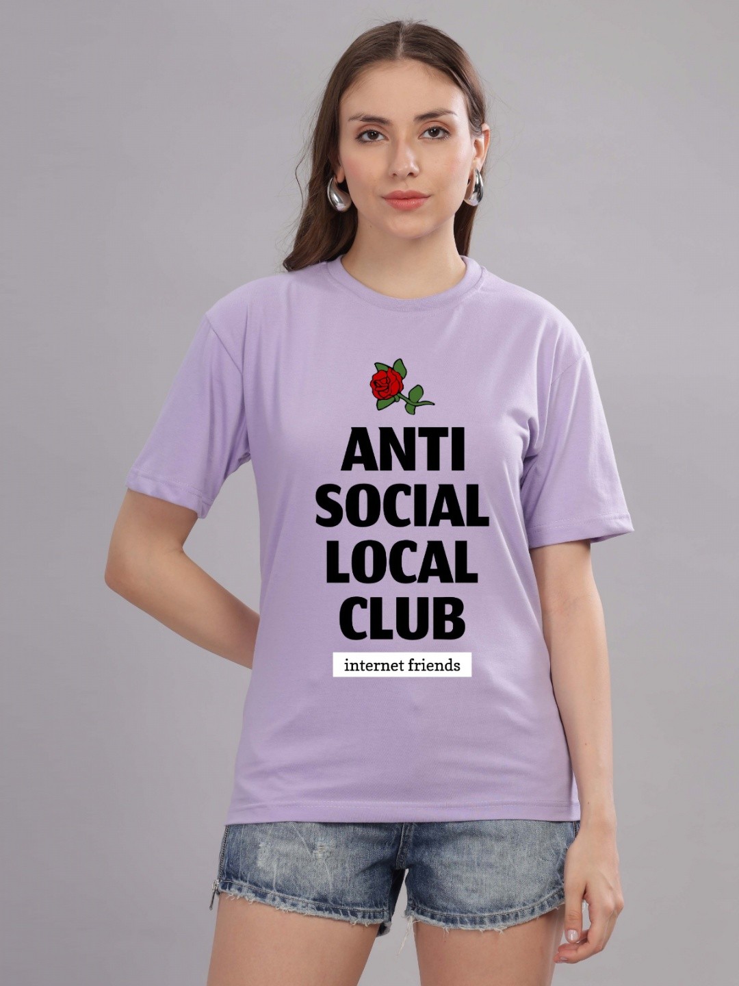 

FALTU.CO Women Printed Drop-Shoulder Sleeves Pure Cotton T-shirt, Lavender