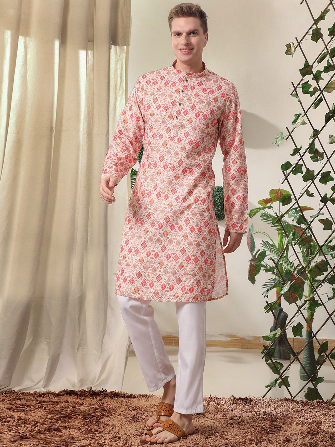 

Pro-Ethic STYLE DEVELOPER Men Floral Colourblocked Angrakha Sequinned Pure Cotton Kurta with Pyjamas, Orange