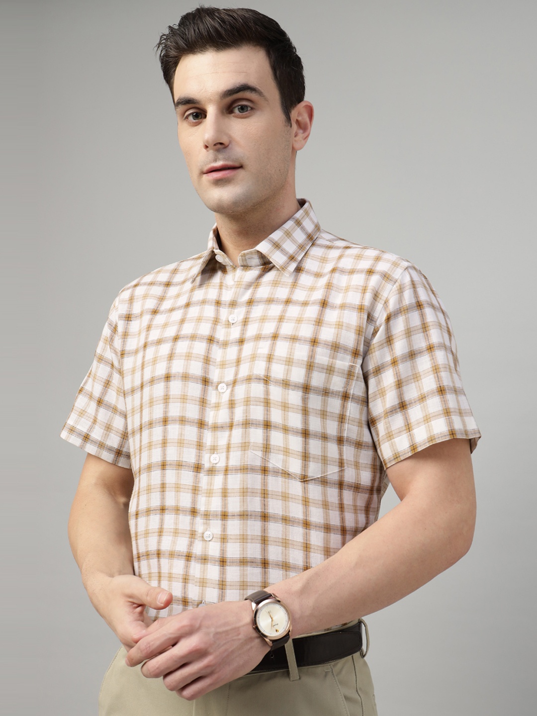 

Hancock Men Standard Slim Fit Windowpane Checks Opaque Checked Formal Shirt, Beige