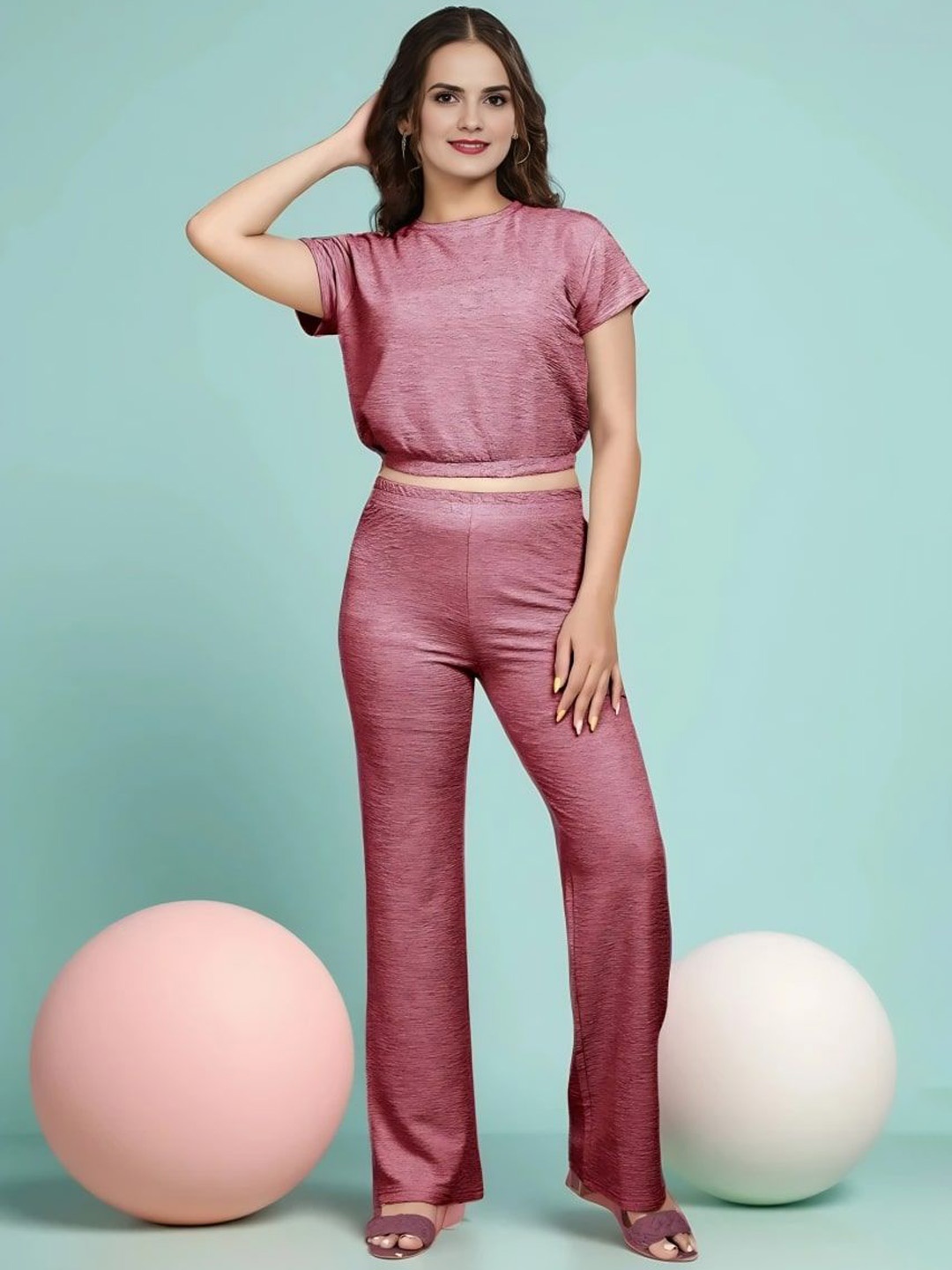 

Moda Rapido Round Neck Crop Top With Trousers Co-Ords, Lavender