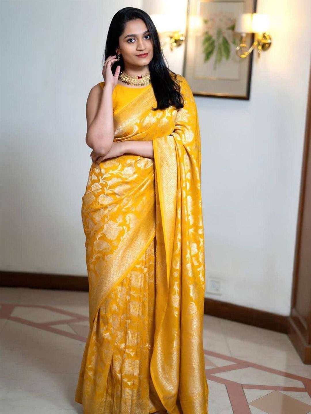 

VILLE FASHION Woven Design Zari Art Silk Kanjeevaram Saree, Yellow