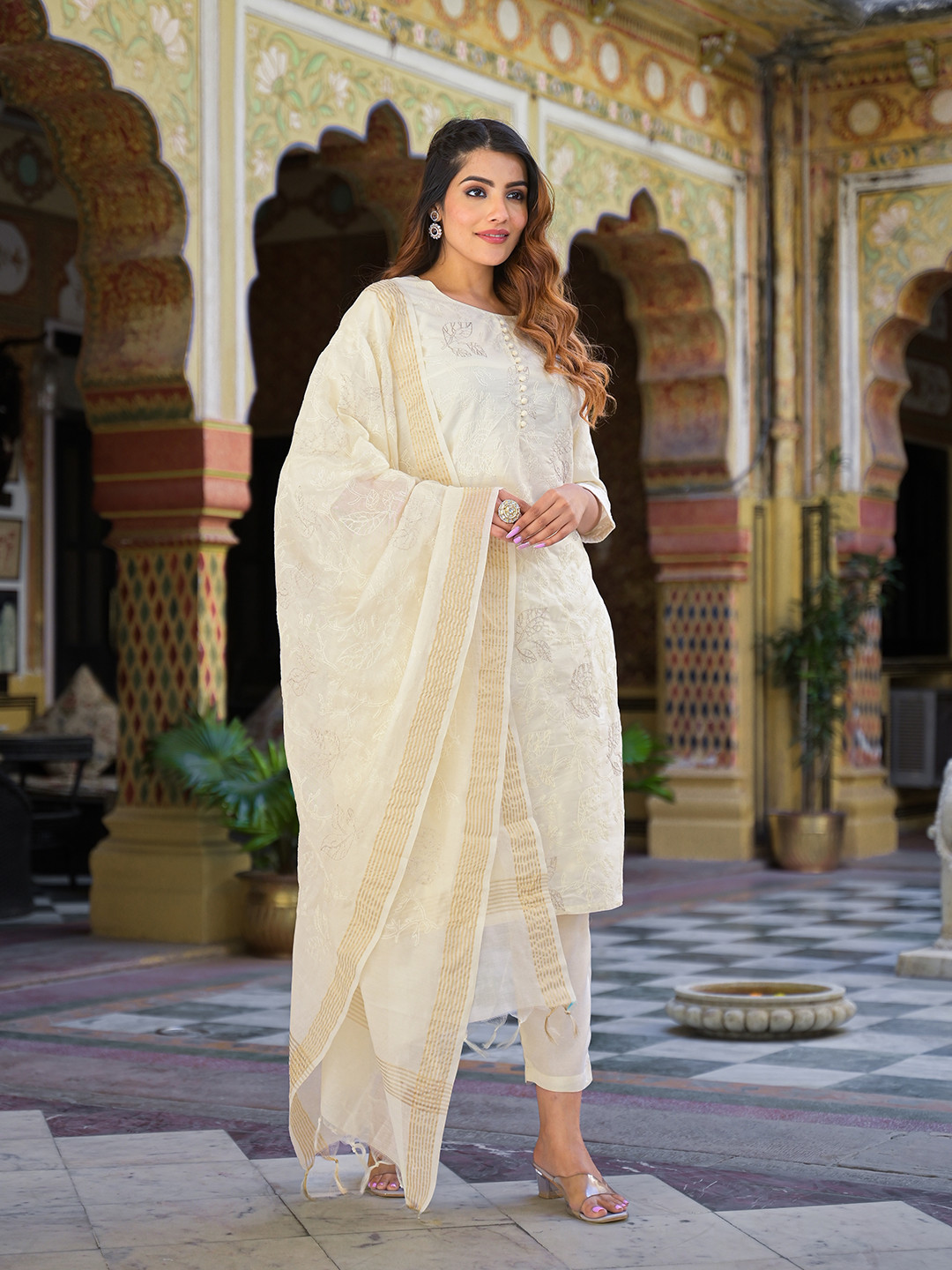 

Divena Women Regular Thread Work Chanderi Silk Kurta with Trousers & With Dupatta, Cream