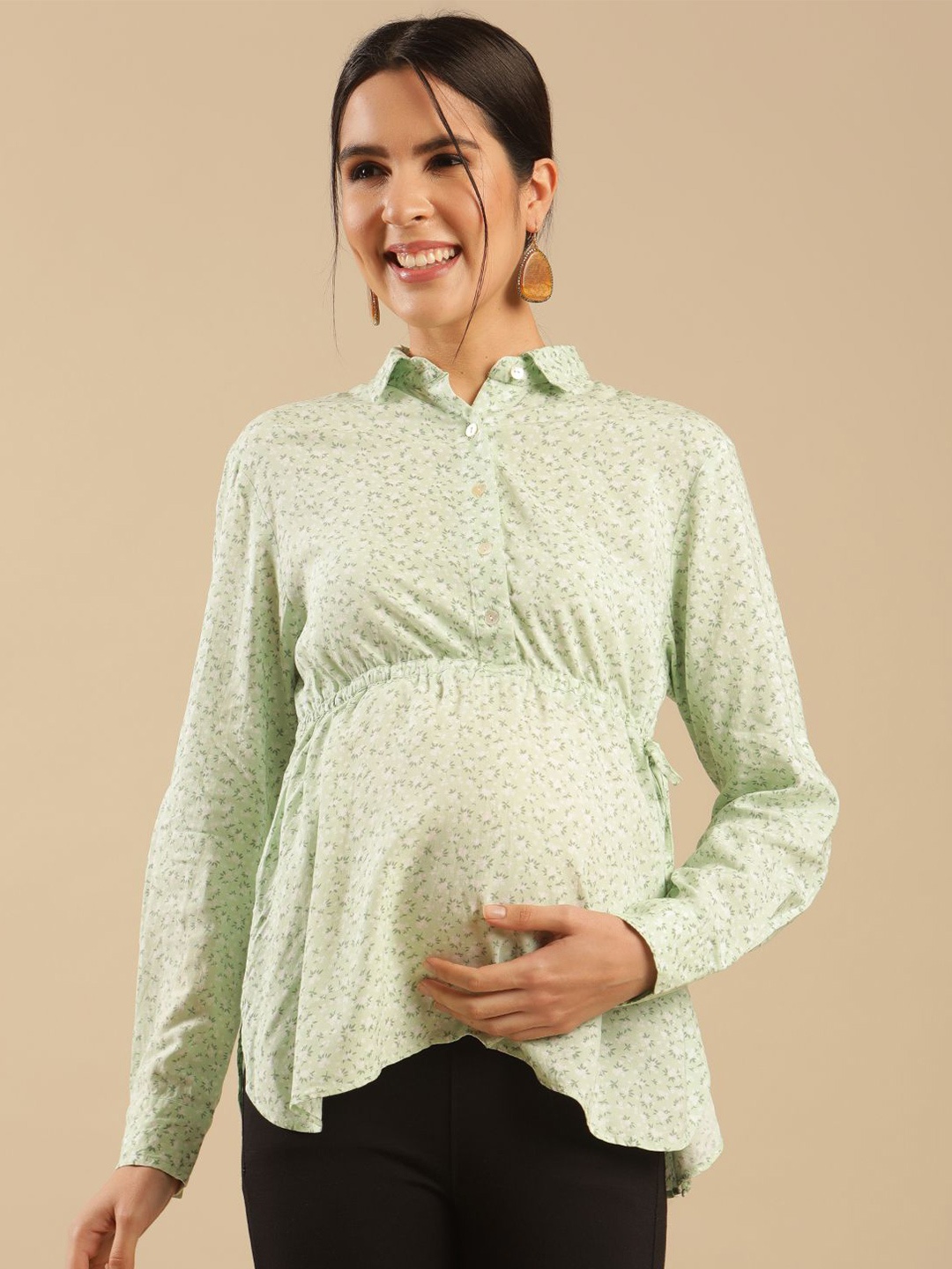 

Shades of Sabi Floral Print Cotton Maternity Top, Green