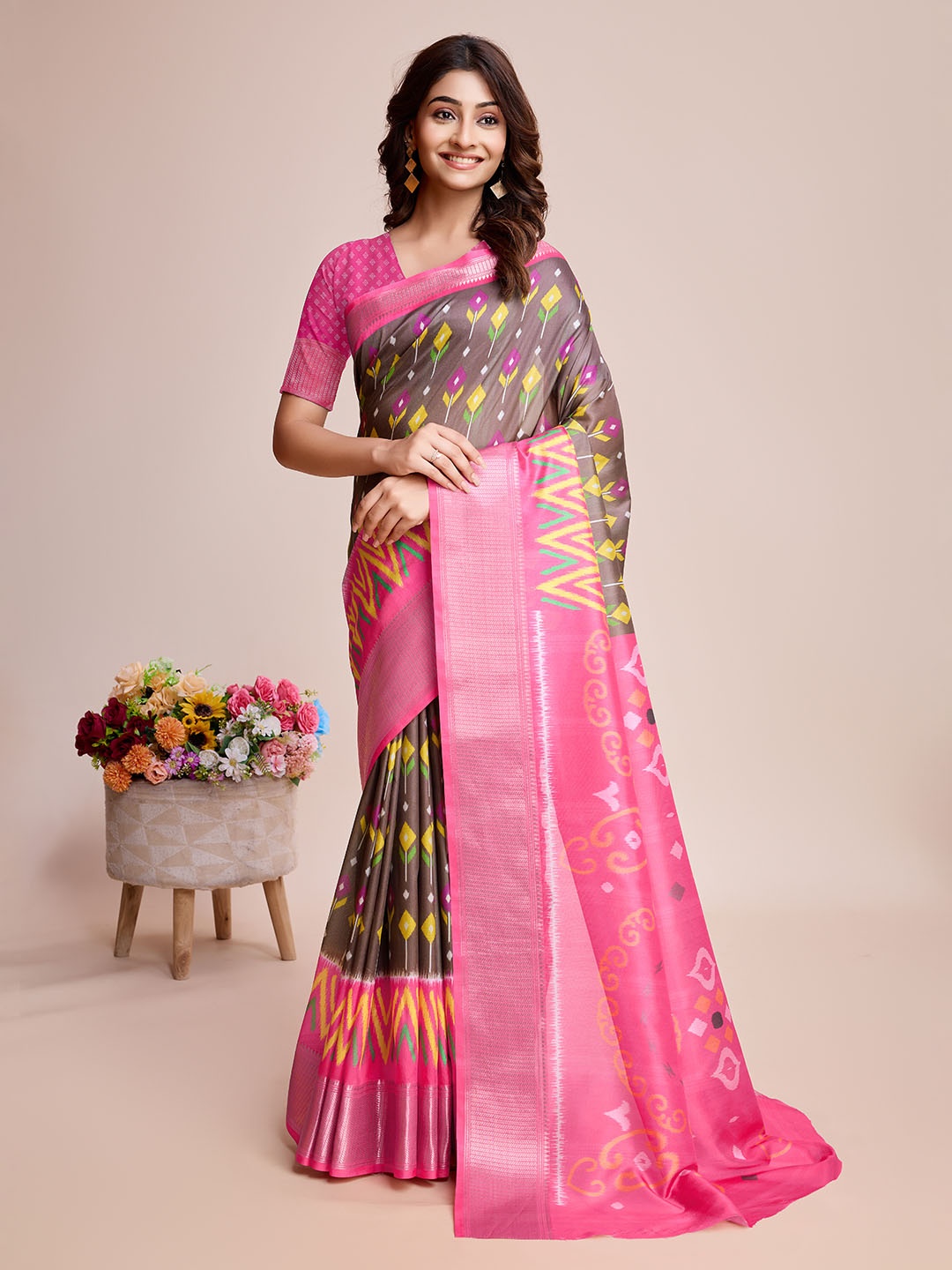 

Meena Bazaar Batik Zari Art Silk Saree, Brown