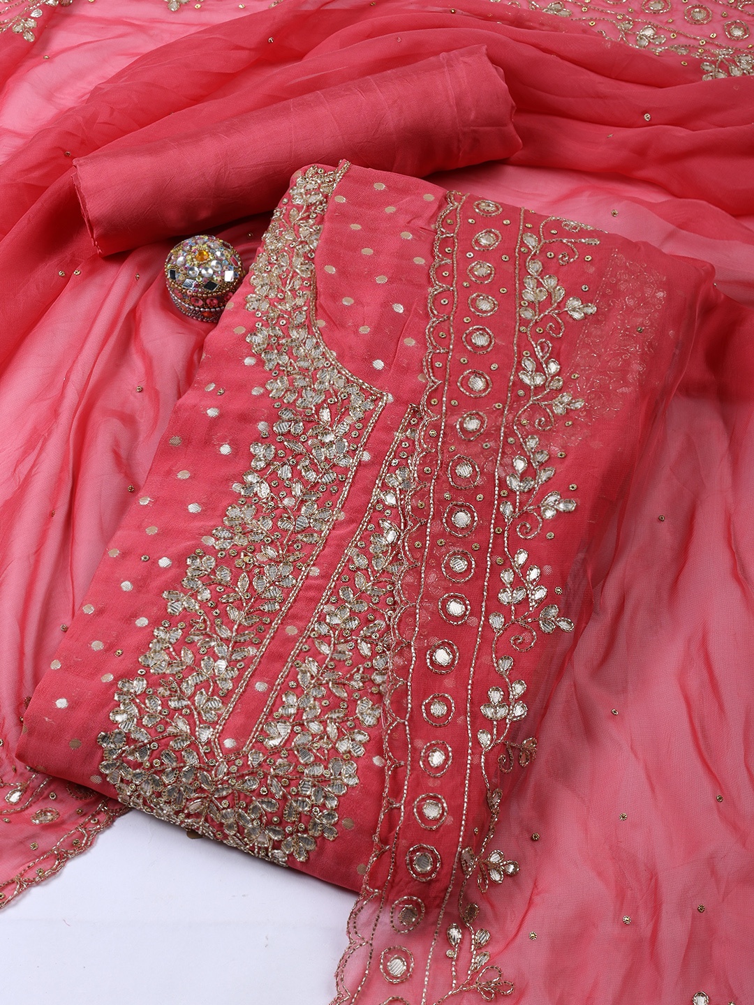 

Meena Bazaar Embellished Art Silk Unstitched Dress Material, Pink