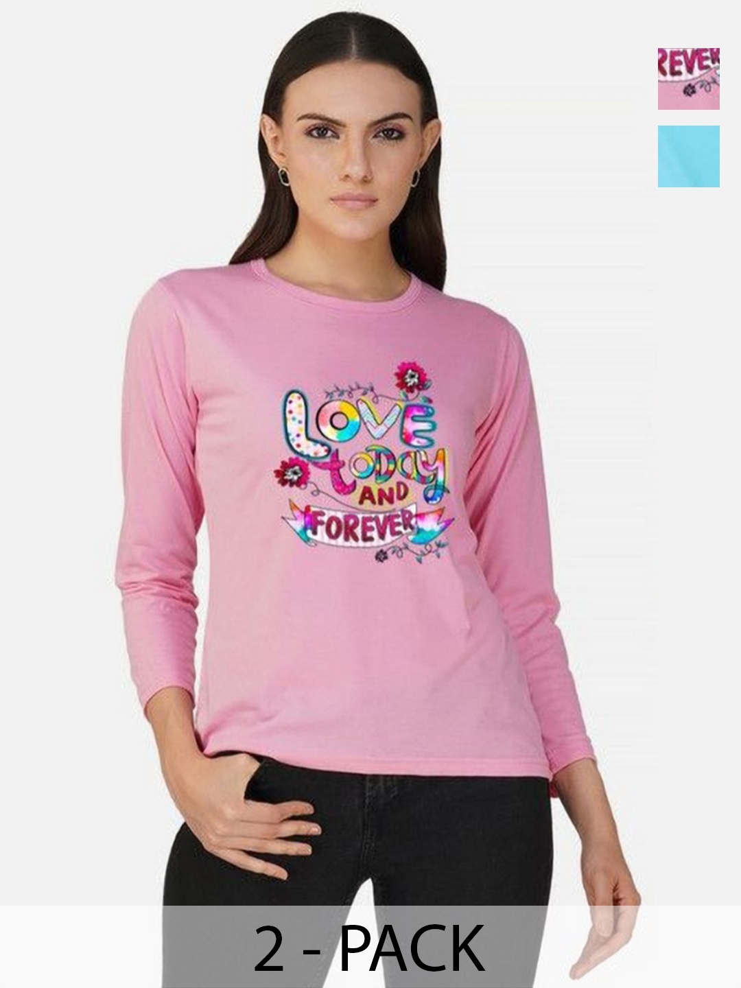 

Metronaut Women Pack of 2 Bio Finish Graphic Printed Round Neck Cotton T-shirts, Pink