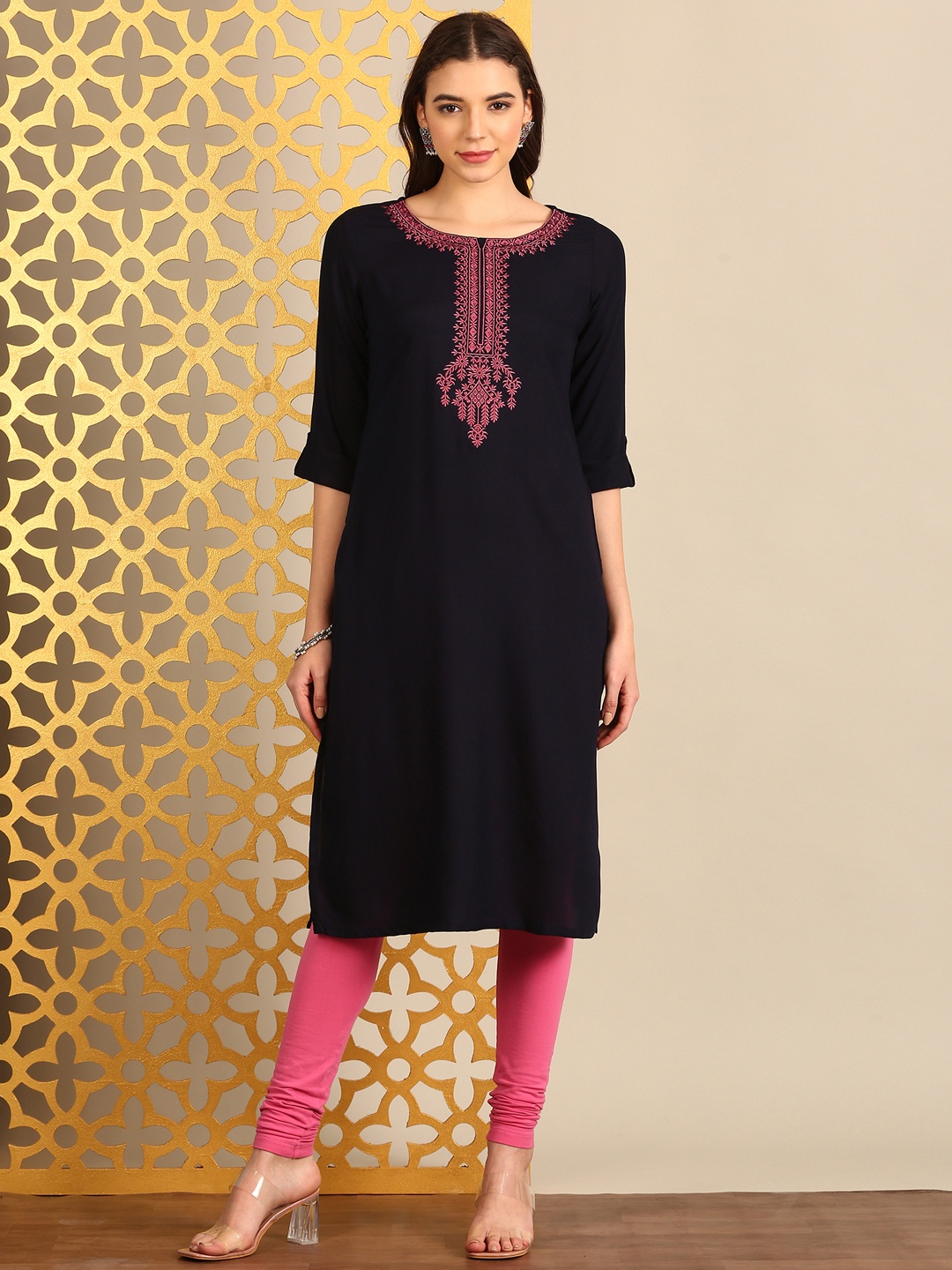 

Alena Women Ethnic Motifs Embroidered Thread Work Kurta, Navy blue