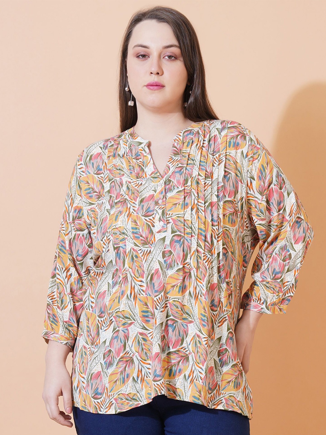 

Sztori Floral Print Mandarin Collar Crepe Longline Top, Green