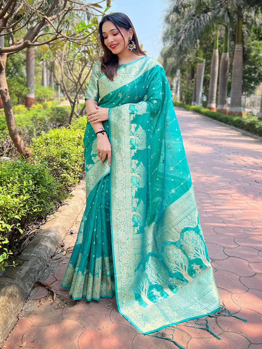 

all about you Woven Design Zari Silk Blend Banarasi Saree, Sea green