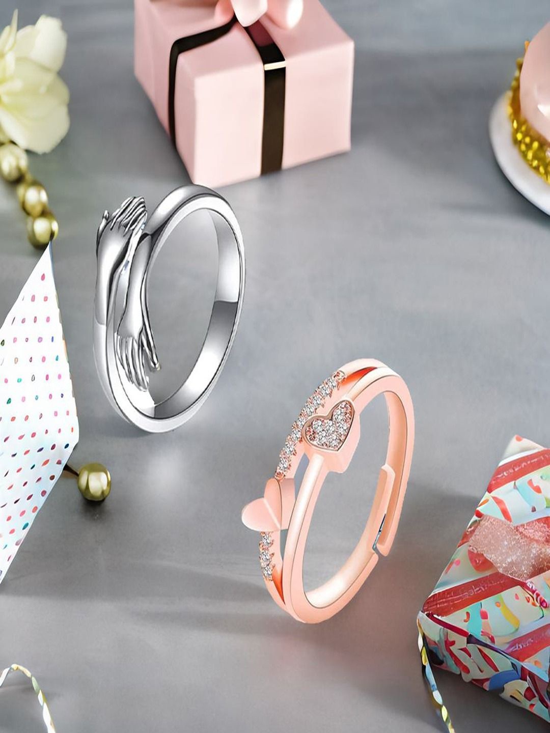 

DressBerry Set Of 2 Silver-Plated & Rose Gold-Plated Stone-Studded Finger Rings