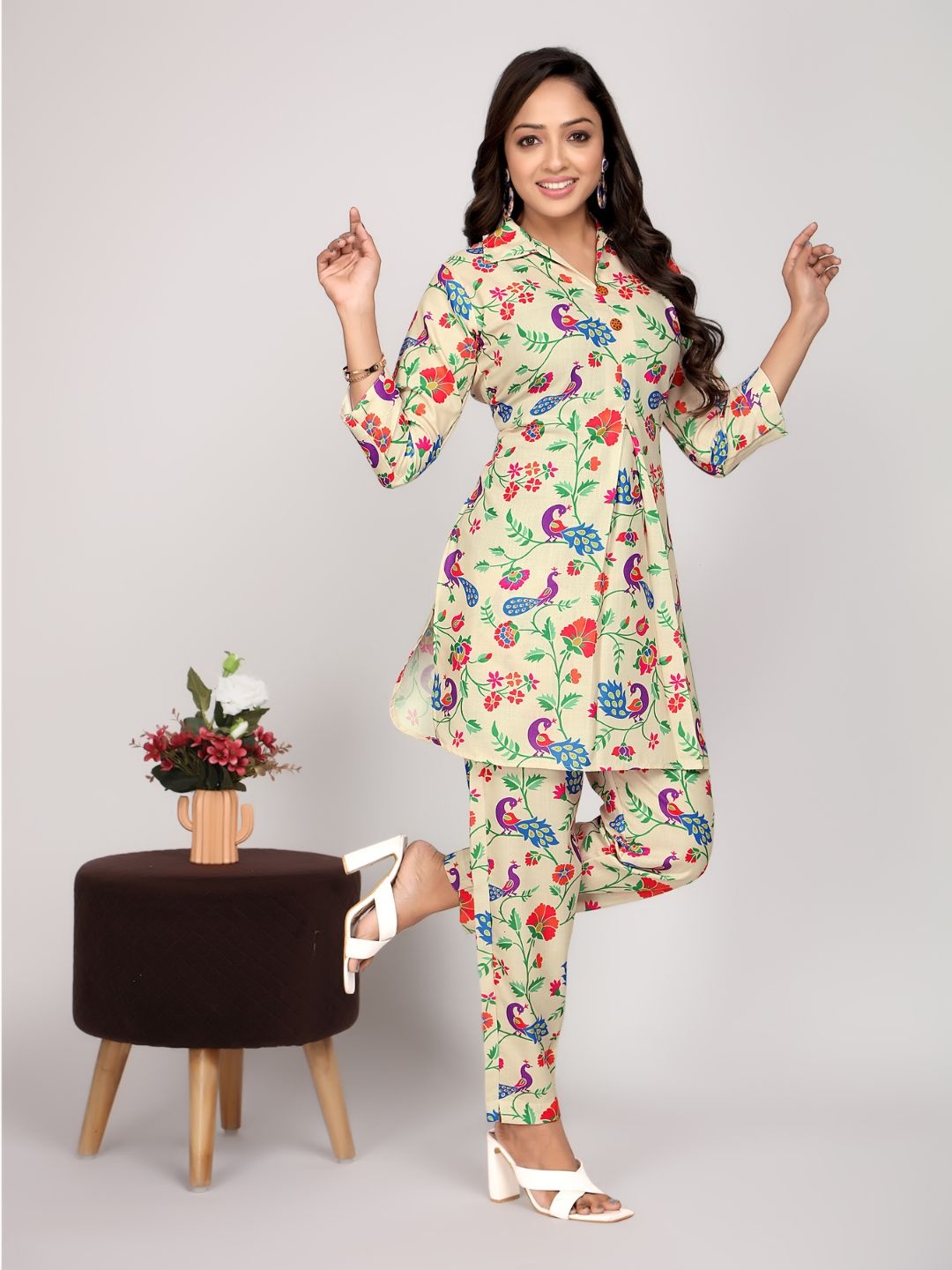 

Jade & Julie Printed Pure Cotton Shirt Collar Neck Top With Trousers Co-Ords, Beige