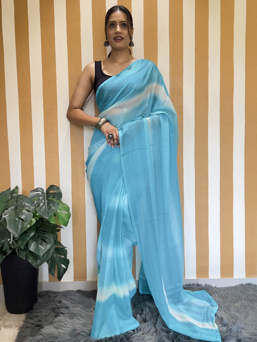 

Rangtulika Ethnics Striped Poly Georgette Ready to Wear Saree, Blue