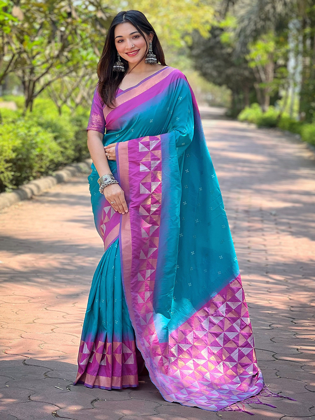

all about you Woven Design Zari Silk Blend Banarasi Saree, Blue