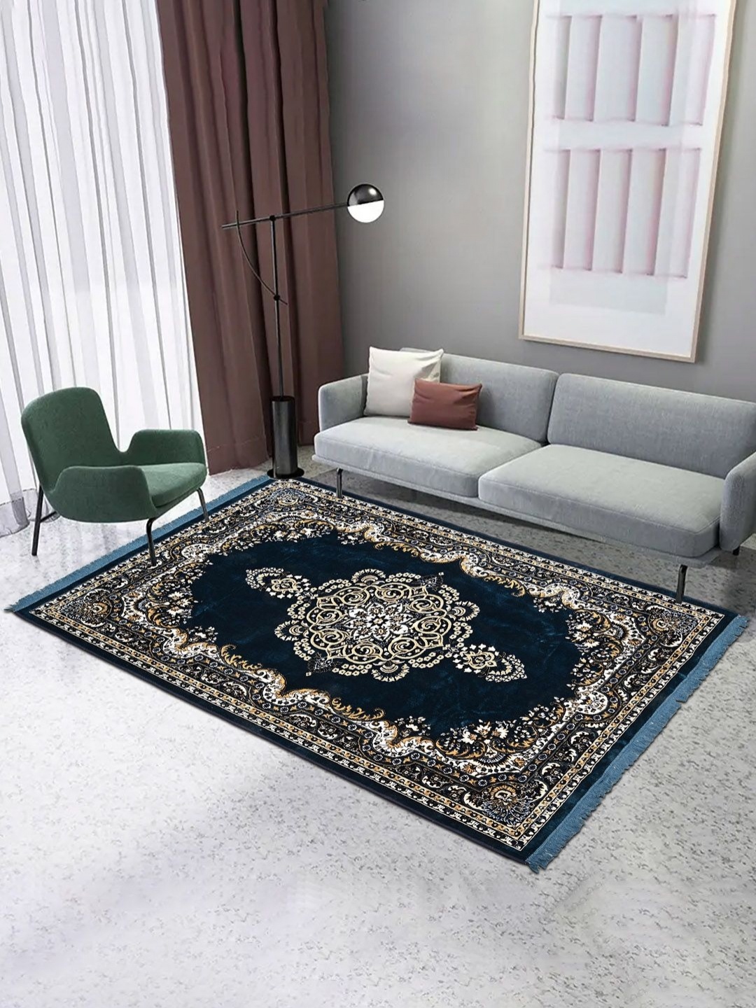 

Aura Navy Blue Ethnic Motifs Reversible Machine Washable Bedside Floor Carpet
