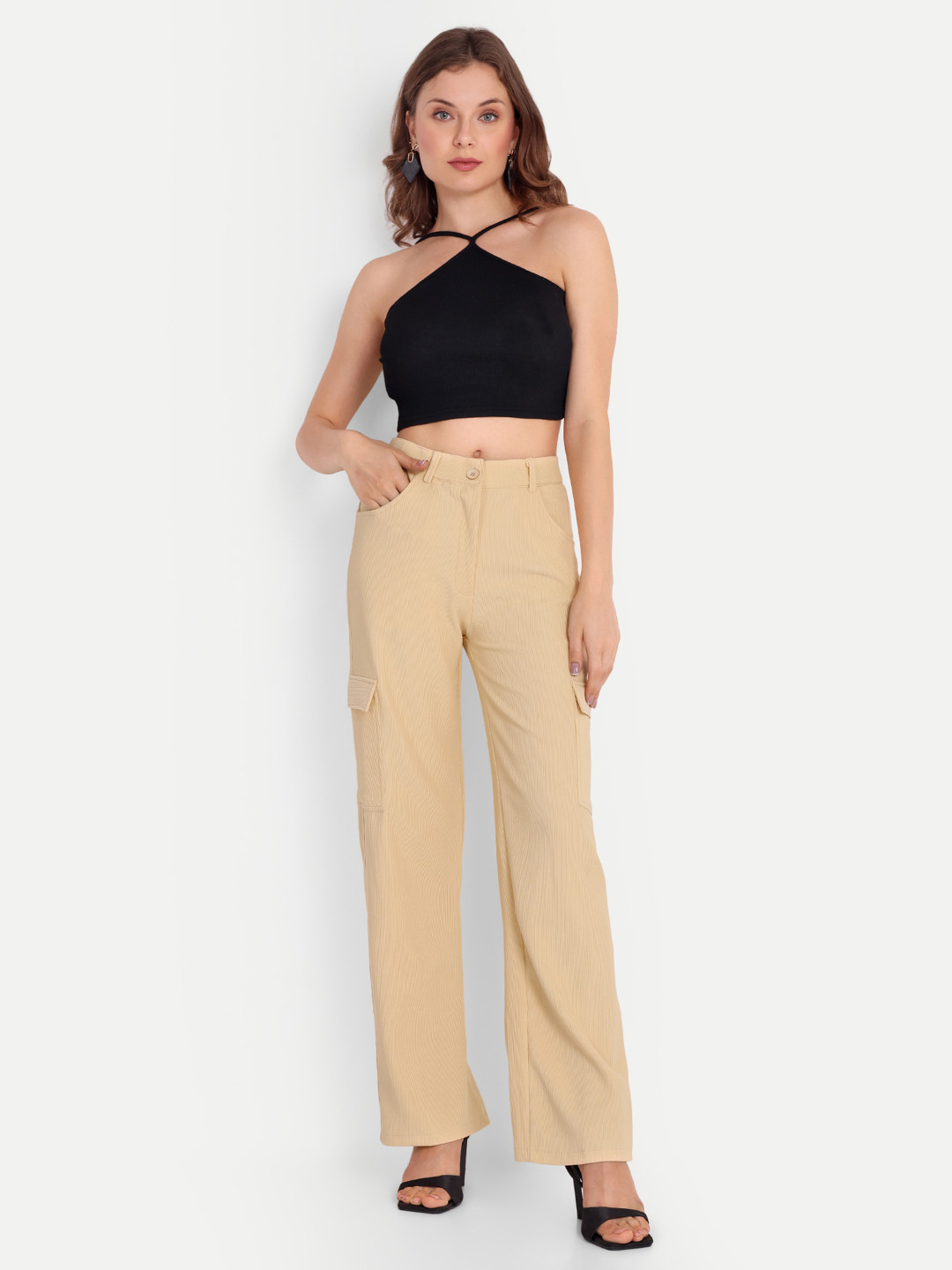 

Chemistry Women Striped Ultra Loose Fit High-Rise Cargos Trousers, Beige